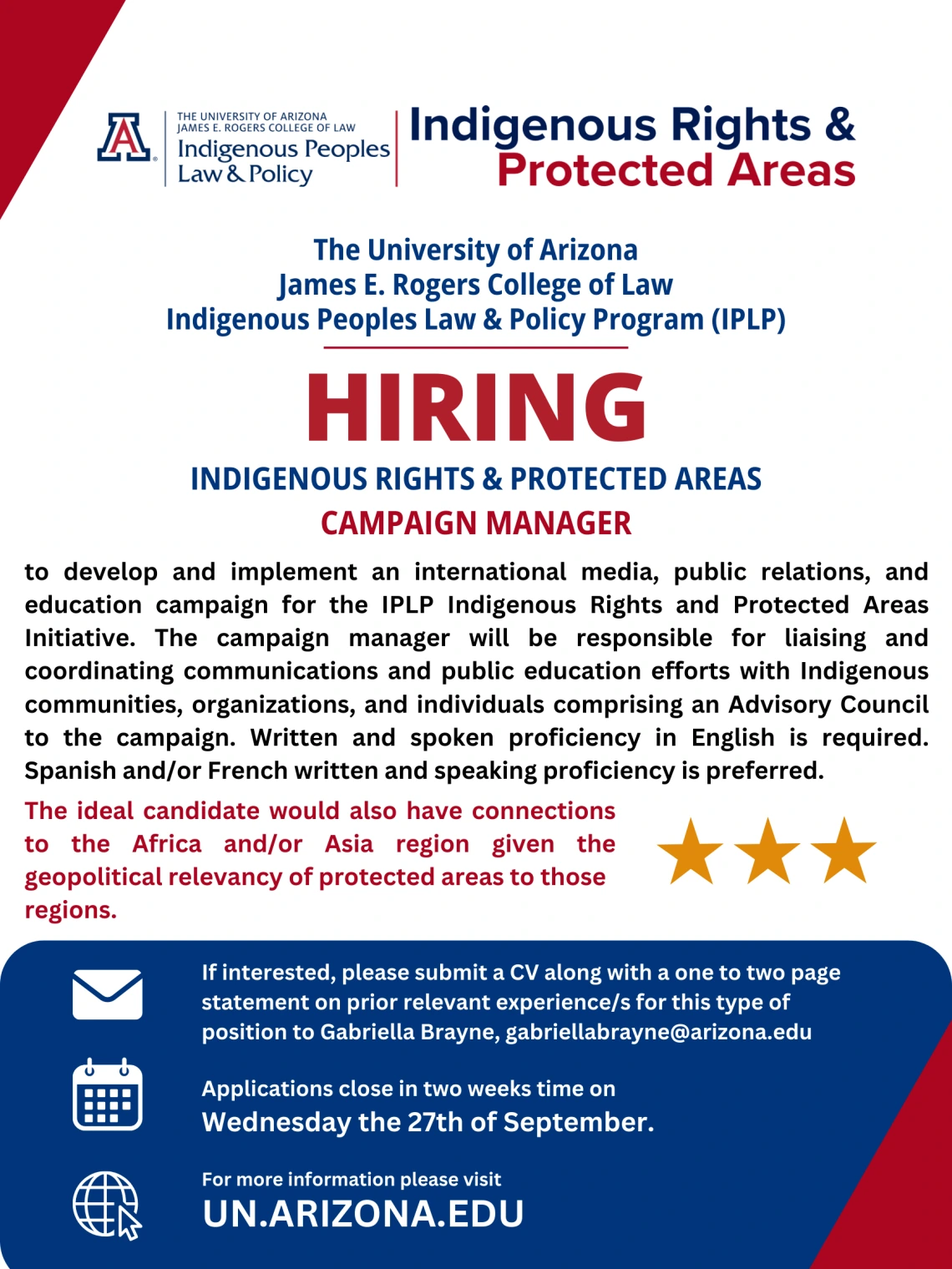 The University of Arizona IPLP Program is Hiring; Indigenous Rights and Protected Areas Campaign Manager